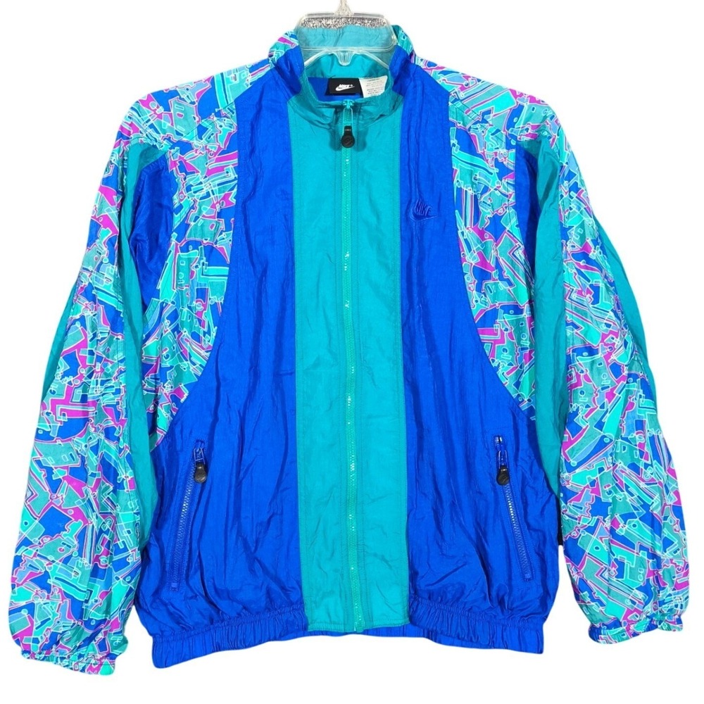 Vintage Nike Windbreaker Jacket Blue Teal Geometric Print 90s Track Top Medium